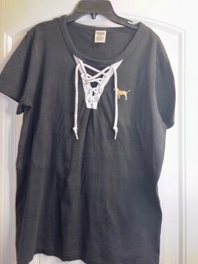 PINK Victoria's Secret Black Lace-Up Short Sleeve Tee with Gold Dog Logo